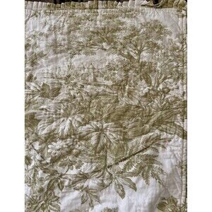 Pottery Barn Ruffled Green Toile Reversible Quilt Bedspread Linen Cottage Castle